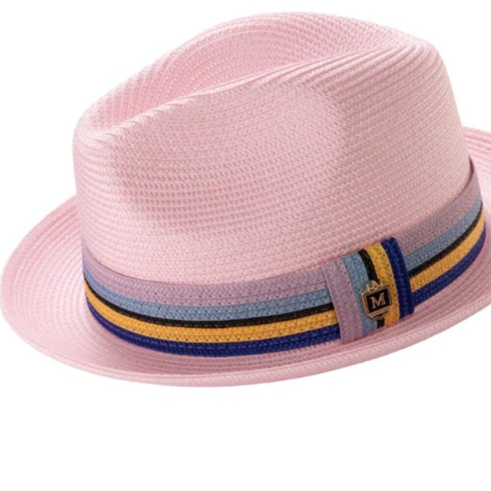 PINK Braided Straw Fedora Hat with Multistripe Band  BRIM 2 1/2 INCH         106